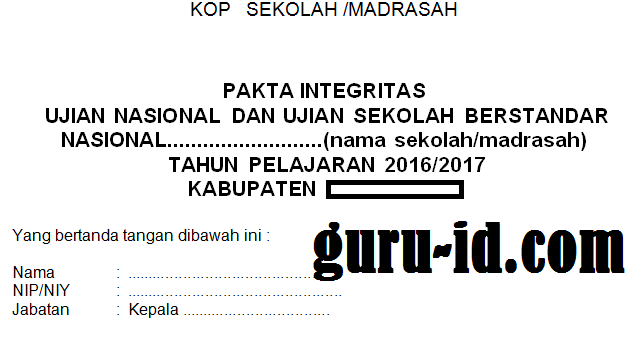 gambar Contoh Pakta Integritas UN 2017