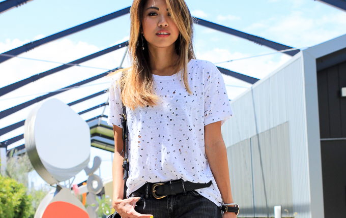 Joe's Jeans Roxanne Tux Tee, All Saints Lowe shorts, Daniel Wellington Classic Sheffield, Jerome Dreyfuss Twee