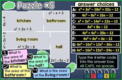 Puzzle #5 from a Multiplying Polynomials Digital Math Escape Room