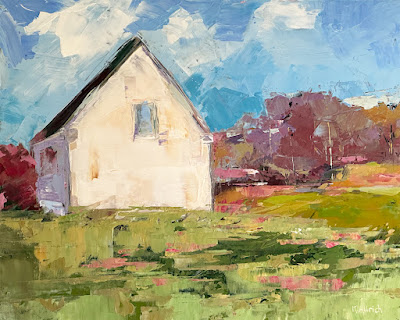 Landscape painting with a white house on a blue sky summer day by artist Karri Allrich