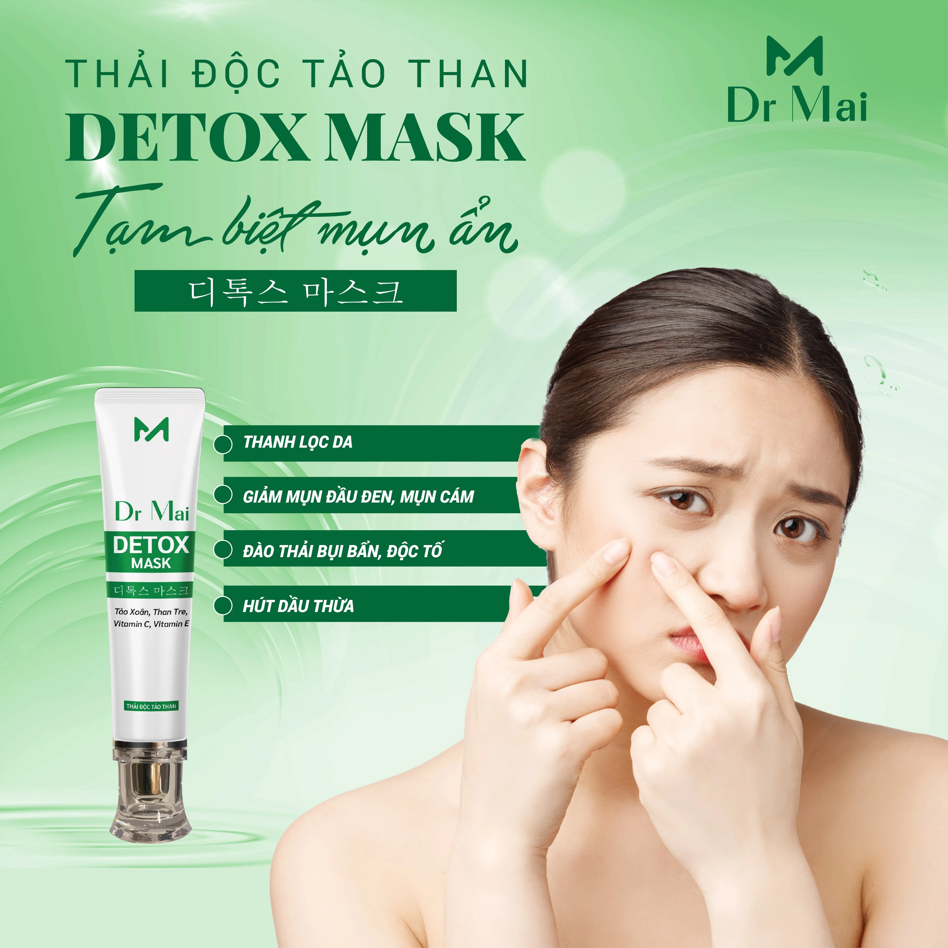 Thải độc tảo than Detox Mask Dr Mai giúp sáng da, hút dầu thừa