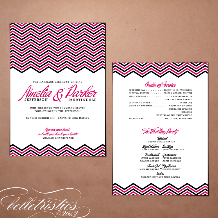 modern pink black chevron printable diy wedding ceremony program design