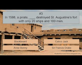 In 1586, a pirate, ___, destroyed St. Augustine’s fort with only 20 ships and 100 men. Answer choices include: Blackbeard, Calico Jack, Anne Bonny, Sir Francis Drake