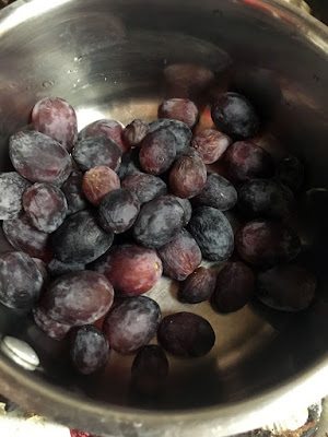 A small pile of slightly wizened purple grapes in a silver pot.