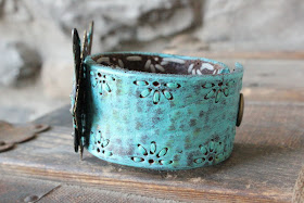 Upcycled Turquoise Butterfly Leather Cuff by Ever Designs Jewelry Bracelet Blue Aqua Verdigris