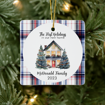 Christmas tree with navy blue red check plaid tartan Personalized New Home Christmas Ornaments Gift