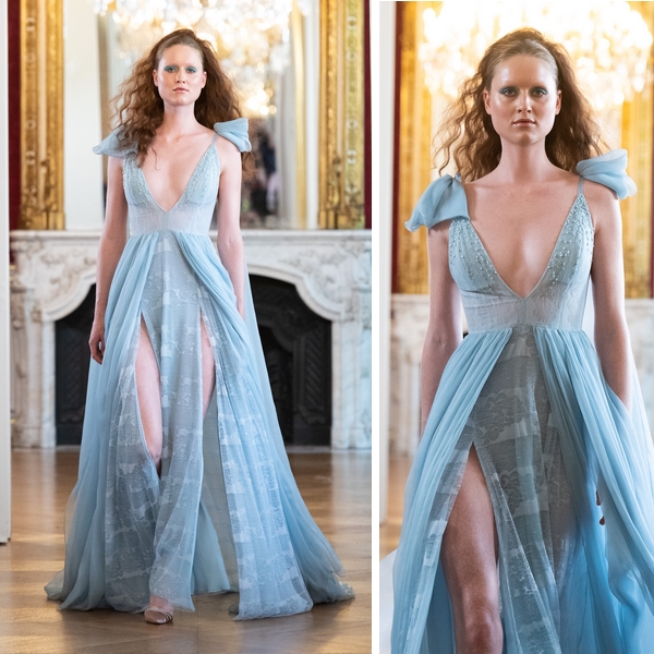 Robe de soirée couleur bleu, défilé automne hiver 2022-2023 La Metamorphose, Fashion Week Paris