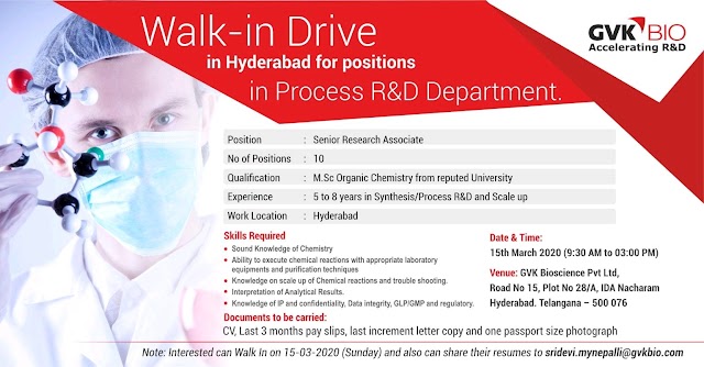 GVK bio | Walk-in for Process R&D on 15 Mar 2020 at Hyderabad