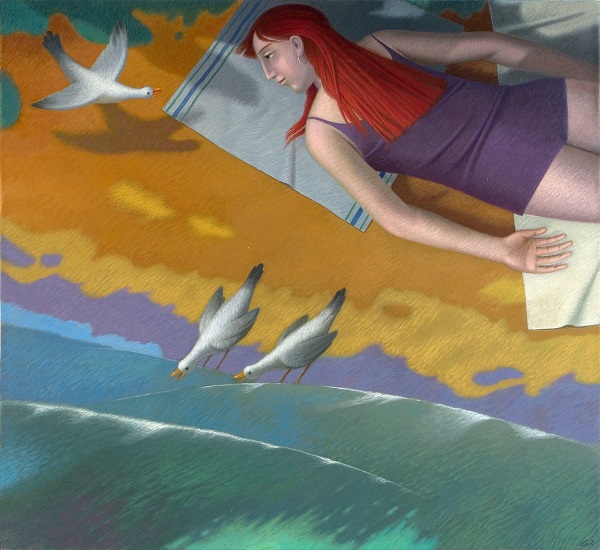 VINCENZO CALLI - "Dialogo No 2" - arte pinturas al óleo - soledad y tristeza femenina - mujer joven descansando en la playa observando gaviotas