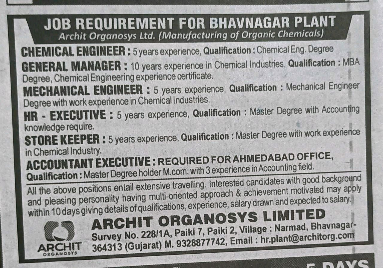 Job Availables, Archit Organosys Ltd Job Vacancy for Chemical Engineer/ General Manager/ Mechanical Engineer/ HR/ Store/ Account