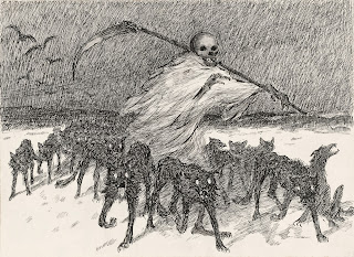 Grim reaper leads a pack of hungry hounds