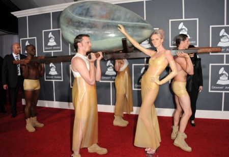 lady gaga outfits grammys 2011. lady gaga egg outfit grammys.