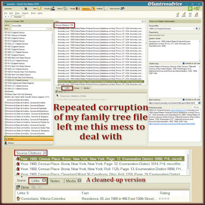Failed syncs of my Family Tree Maker file left me with tons of splintered and unlinked source citations.