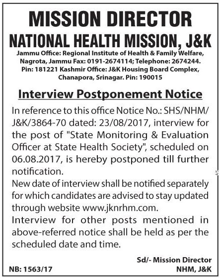 J&K National Health Mission postpones interview