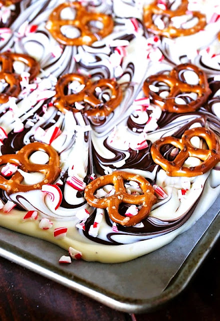 Close-Up of Pretzel Twists on White Chocolate Peppermint-Pretzel Bark Image