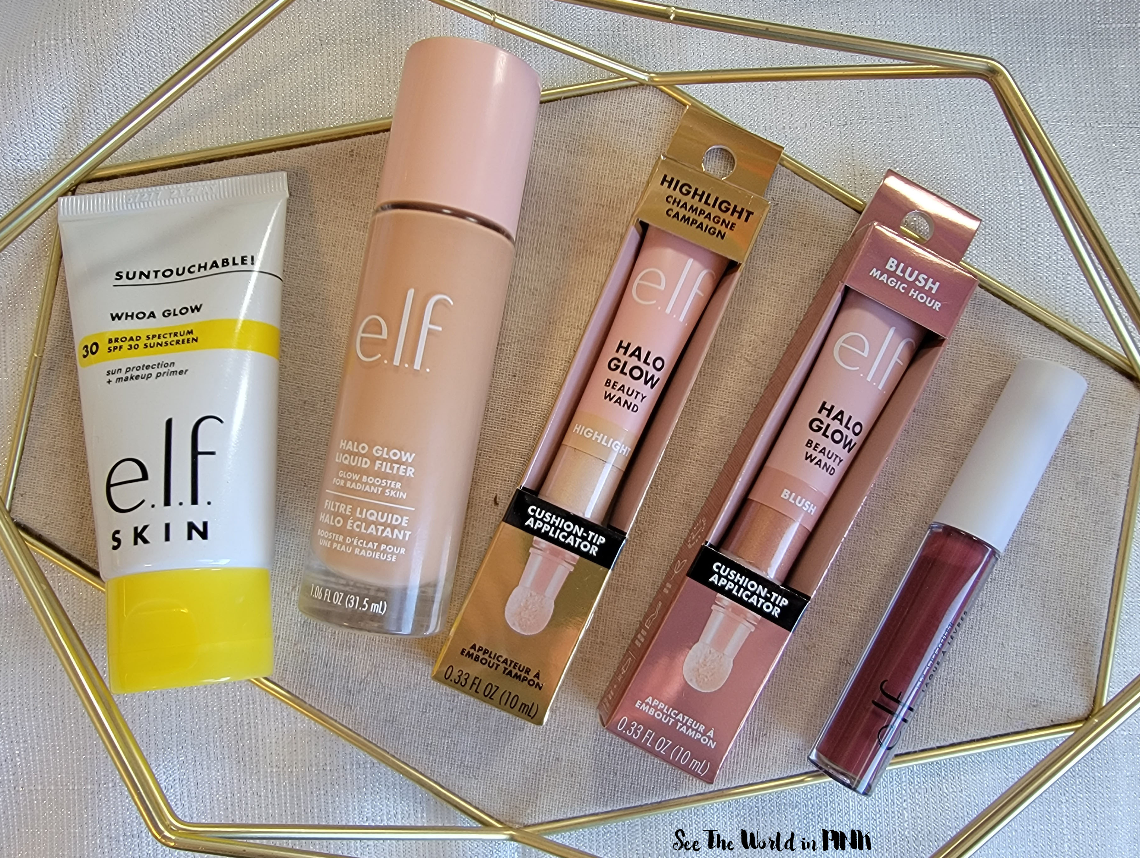 Glowing With New ELF Products - Whoa Glow SPF, Halo Glow Liquid Filter, Halo Glow Blush and Highlighter Beauty Wand, Lip Lacquer, and Lash Roll Mascara | See the World in PINK