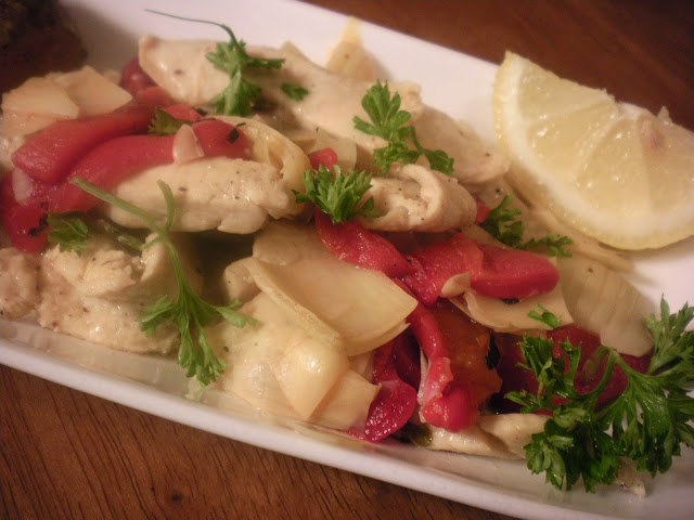 Lemon Parsley Chicken with Roasted Red Peppers and Artichokes