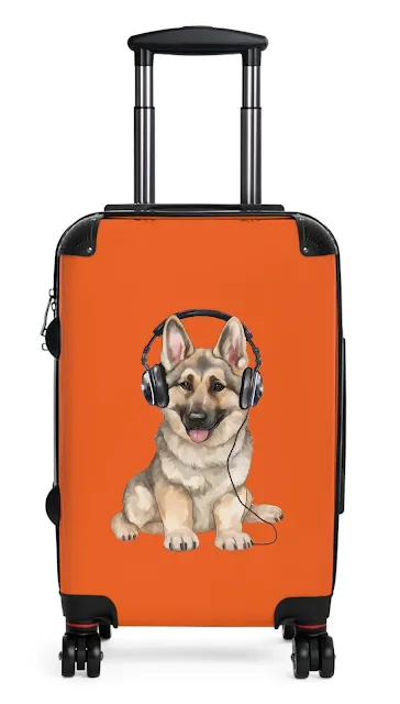 Travel Suitcase With Black and Cream Young German Shepherd Wearing Headphones
