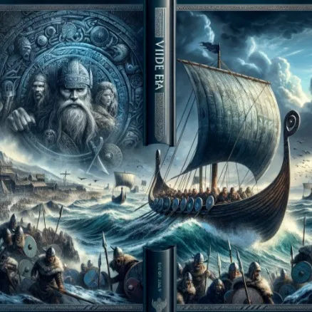 La imagen presenta una estética dramática y cautivadora, propia de la era vikinga. En el centro, se destaca un guerrero vikingo de imponente postura, con un casco característico adornado con cuernos y una barba tupida. Lleva una armadura detallada y sostiene firmemente un escudo redondo y una espada, simbolizando la valentía y el espíritu combativo de los vikingos.  En el fondo, se vislumbra un paisaje que evoca los ásperos y misteriosos territorios del norte, con montañas nevadas y un cielo turbulento. Dos drakkares, los icónicos barcos vikingos, aparecen en el mar agitado, reflejando la importancia de la navegación y las expediciones marítimas en la cultura vikinga.  La paleta de colores es oscura y atmosférica, con tonos de gris, azul y marrón, lo que contribuye a la sensación de una época antigua y desafiante. La composición general de la imagen transmite un sentido de aventura, poder y misticismo, elementos esenciales de la narrativa y la historia vikinga.