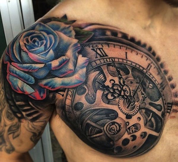 Superb colorful rose and mechanical Watch Tattoo designs for men's shoulder to chest