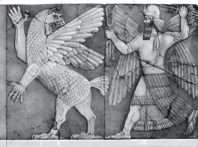 Um baixo-relevo, que se acredita representar Marduk e Tiamat, do templo de Ninib em Nimrud.