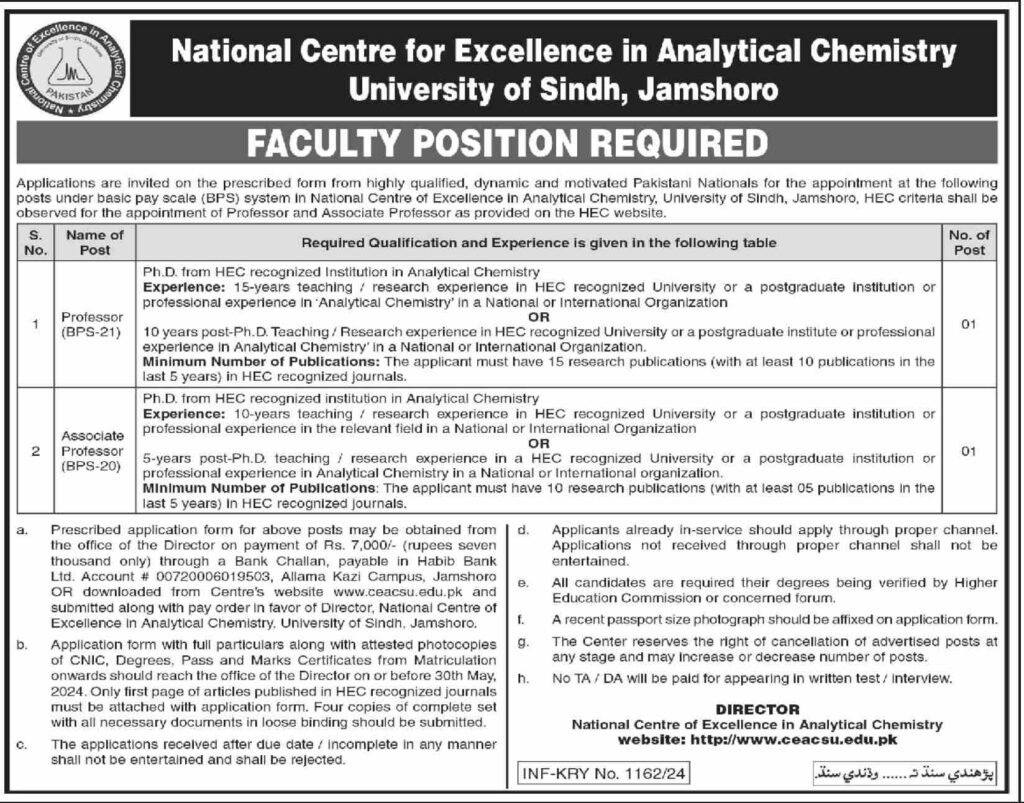 National Centre for Excellence in Analytical Chemistry University of Sindh, Jamshoro Jobs 2024