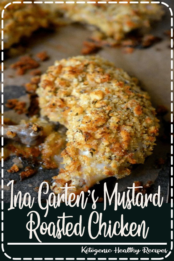 Ina Garten's Mustard Roasted Chicken is tender and succulent with a crunchy mustard and thyme crumb coating ~ it's become a favorite in our house! #dinner #easychicken #chicken #Inagarten #chickenrecipe #familydinner #comfortfood #roastchicken