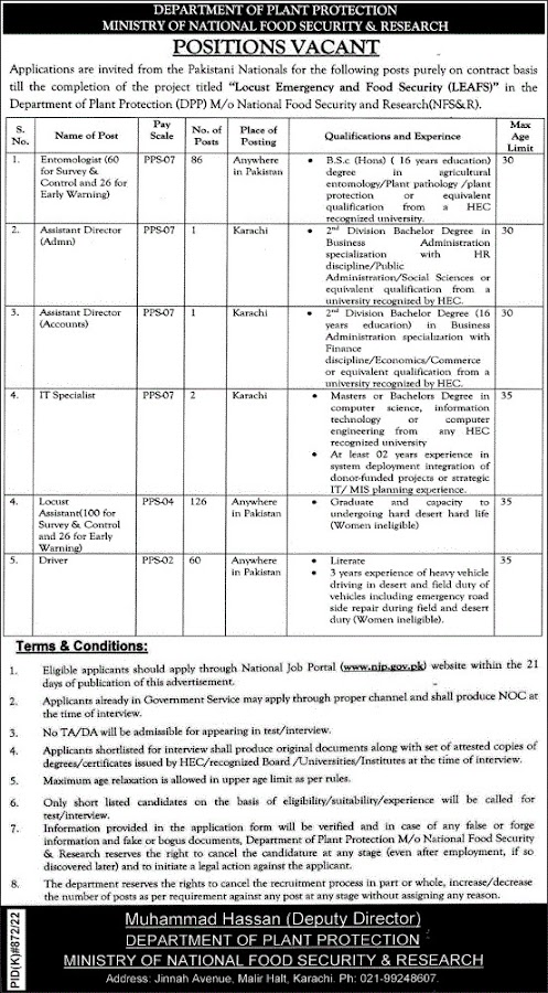 Ministry of National Food Security & Research Govt Jobs 2022