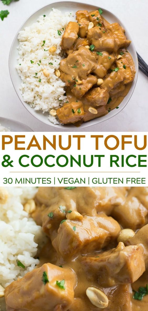 30 Minutes is all it takes to make the most delicious Peanut Tofu with Coconut Rice! Made with crispy baked tofu, peanut butter and more! #vegan #glutenfree