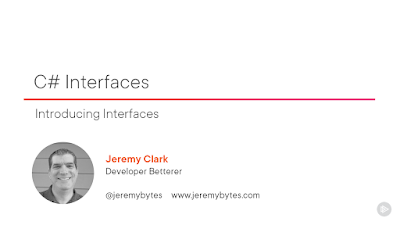 "C# Interfaces" title slide with a photo of the author, Jeremy Clark
