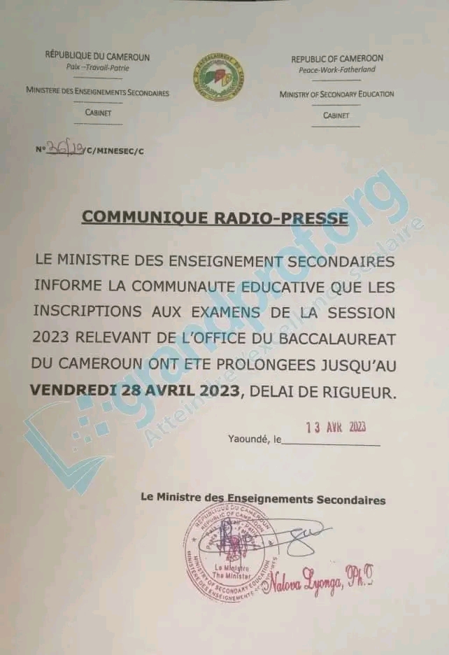 inscriptions aux examens de la session 2023 relevant de l'office du baccalauréat du Cameroun ont été prolongés jusqu'au Vendredi 28 avril 2023,