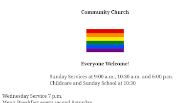 mockup of church bulletin. Title says "Community Church". Image of standard pride flag, followed by text "Everyone Welcome!" Below that are the Sunday service times and related information.