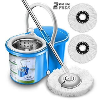 Aootek Upgraded Stainless Steel Deluxe 360 Spin Mop & Bucket Floor Cleaning System Included EasyPress Handle with 2 Microfiber Mop Heads (1pack)