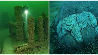 Lakebed discovery of a Mastadon Dinosaur carved onto the stones that have been nicknamed Lake Michigan Stone Henge.