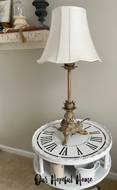DIY painted clock table with vintage thrifted lamp