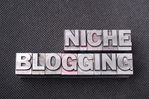 grey blocks with white writing the words "blogging niche" written with a black and white denim like background