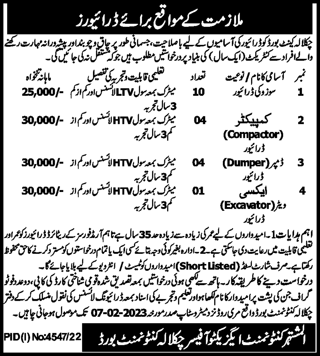 Latest Cantonment Board Driving Posts Rawalpindi 2023