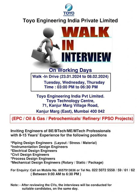 Toyo Engineering India Walk In Drive For Process/ Piping/ Instrumentation/ Electrical/ Civil/ Mechanical