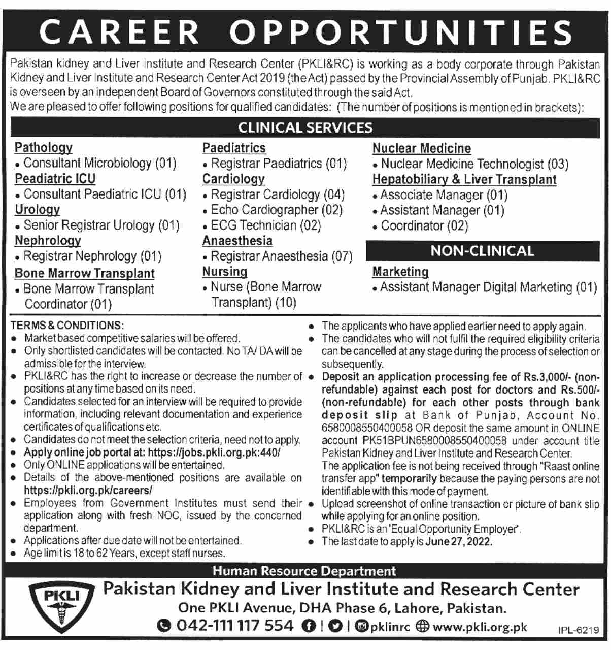 Latest Pakistan Kidney And Liver Institute And Research Centre PKLI Medical Posts Lahore 2022