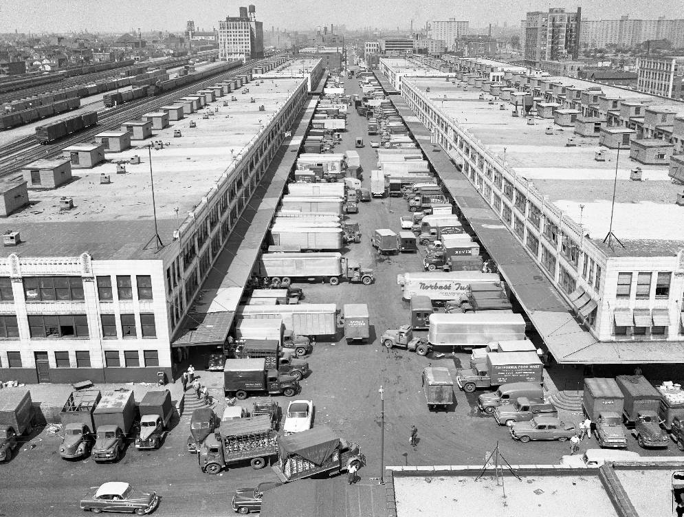  AT 15TH AERIAL TRUCKS LINED UP TRAIN TRACKS TO LEFT 1950s