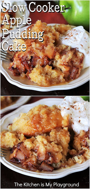 Slow Cooker Apple Pudding Cake ~ Layers of soft cake & tender apples sit atop a pudding-like sauce that forms in the bottom of the slow cooker as this crock pot cake cooks. It's the hands-off convenience of  crock pot cooking for your dessert!  www.thekitchenismyplayground.com