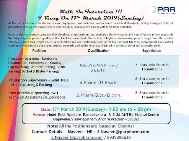 Par Formulations | Walk-in interview Production & Warehouse | 17th March 2019 | Visakhapatnam