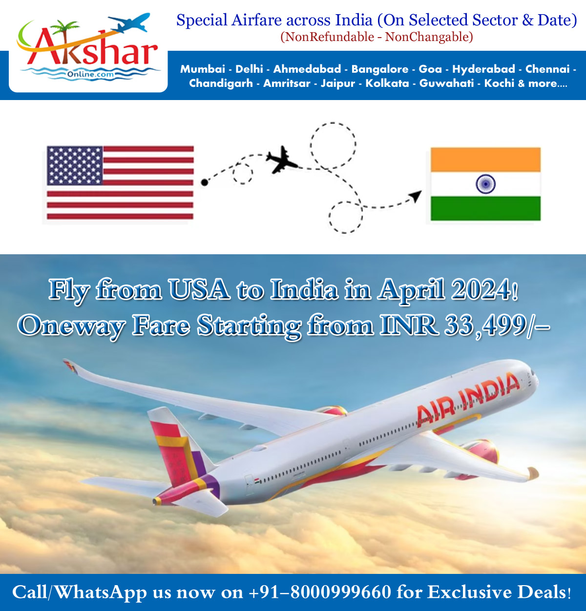 🌟✈️ Exciting News! Fly from USA to India in April 2024 with fares starting from just INR 33,599/- (Oneway Fare)! 🌟✈️ Looking for the best rates on domestic and international air ticket bookings? Look no further! Contact Mitesh Patel at +91-8000999660 and unlock unbeatable deals for your travel needs. Whether it's a trip within India or an international adventure, we've got you covered! Don't miss out on this incredible opportunity. Book now and make your travel dreams a reality! #FlyToIndia #TravelDeals #BestRates #AirTicketBooking #April2024 #TravelWithEase #aksharonline #TravelDeals #usatoindia #indiaairfare #americatoindiaairfare #americaflight #usaflightfare #usaairfare #CanadaAirfare #usafly #indiafly #mumbaifly #CanadaFlight #CanadaFly #aksharonline #FlighttoCanada #Winipeg #toronto #CheapFlightsToIndia2024 #CanadaToIndiaFlightDeals #BudgetTravelIndia #FlyAffordableToIndia #AprilMayFlightSpecials #DiscountedTicketsToIndia #FlySmartToIndia #affordableairfarecanadaindia #spring2024flightdeals #flyusatoindiabudget2024  #flyusatoindia #indiaboundonabudget #cheapflighttoindia2024 #flycanadatoindiabudget2024 #aprilmaytraveldeals #canadatoindiaairfarediscounts #budgettravelindia2024 #CheapTicketsToIndia #Flightdeals