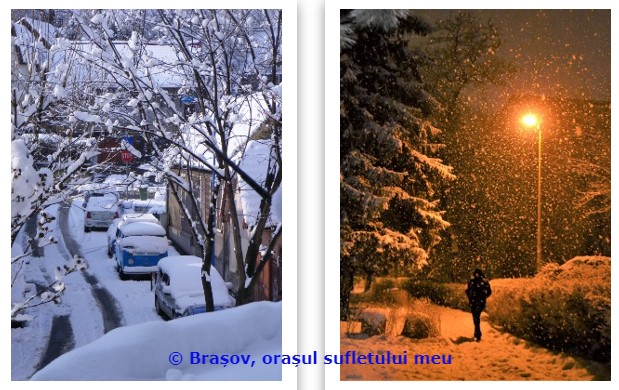 doua foto: 1. strada acoperita cu zapada; 2. femeie pe alee in parc seara, in lumina felinarului