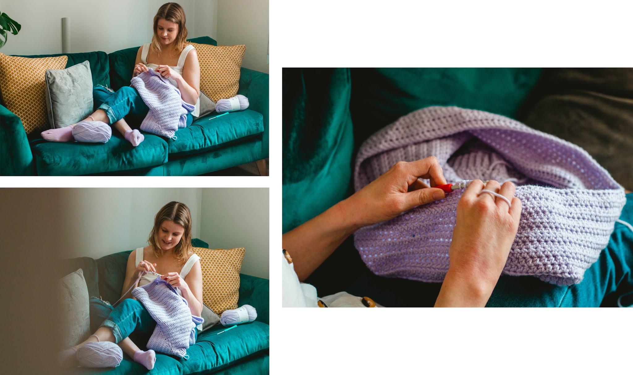 girl crocheting lilac jumper - 5 creative hobbies for self care blog post