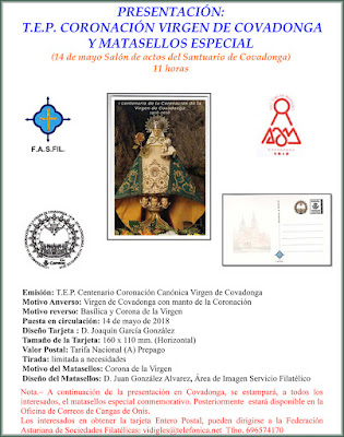 Cartel de presentación del matasellos y tarjeta prefranqueada de la coronación de la Virgen de Covadonga