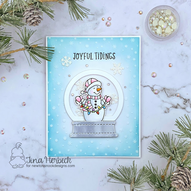 Joyful Tidings Snow Globe Card by Tina Herbeck | Snow Globe Shaker Die Set, Snow Much Cheer Stamp Set and Petite Snow Stencil by Newton's Nook Designs #newtonsnook #handmade