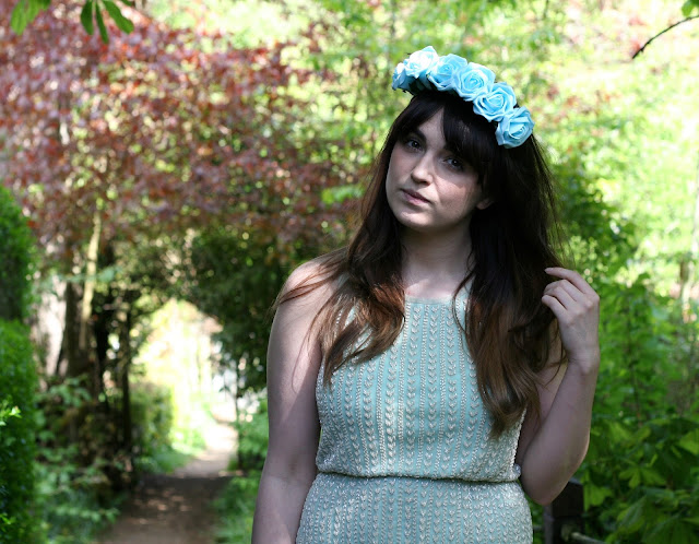 uk fashion, fashion styling, fashion style, beaded dress, mint dress, floral crown, flower headband, in the secret garden inspired outfit, wearing a summer pastel outfit, light blue roses, mint green beaded topshop dress with silver wedges, sling backs. english garden, soft leaves and greenery, purple leaves, very whimsical and enchanted photography