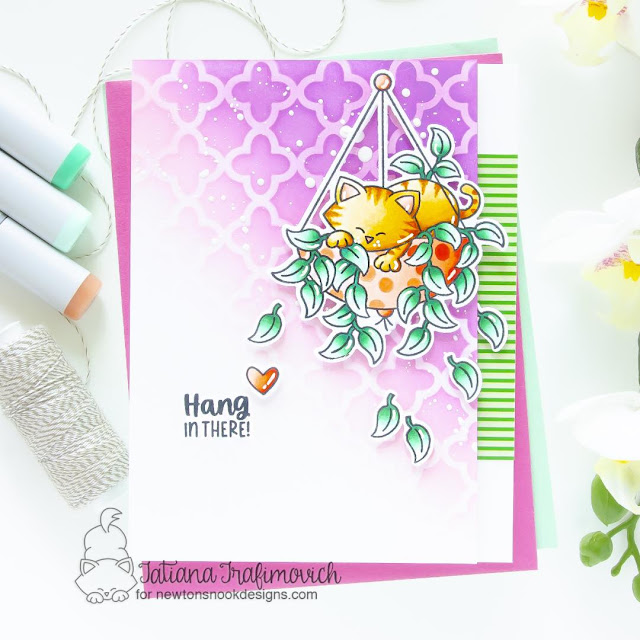 Hang in there card by Tatiana Trafimovich | Newton's Hanging Basket Stamp Set, Quatrefoil Stencil and Spring Blooms Paper Pad by Newton's Nook Designs