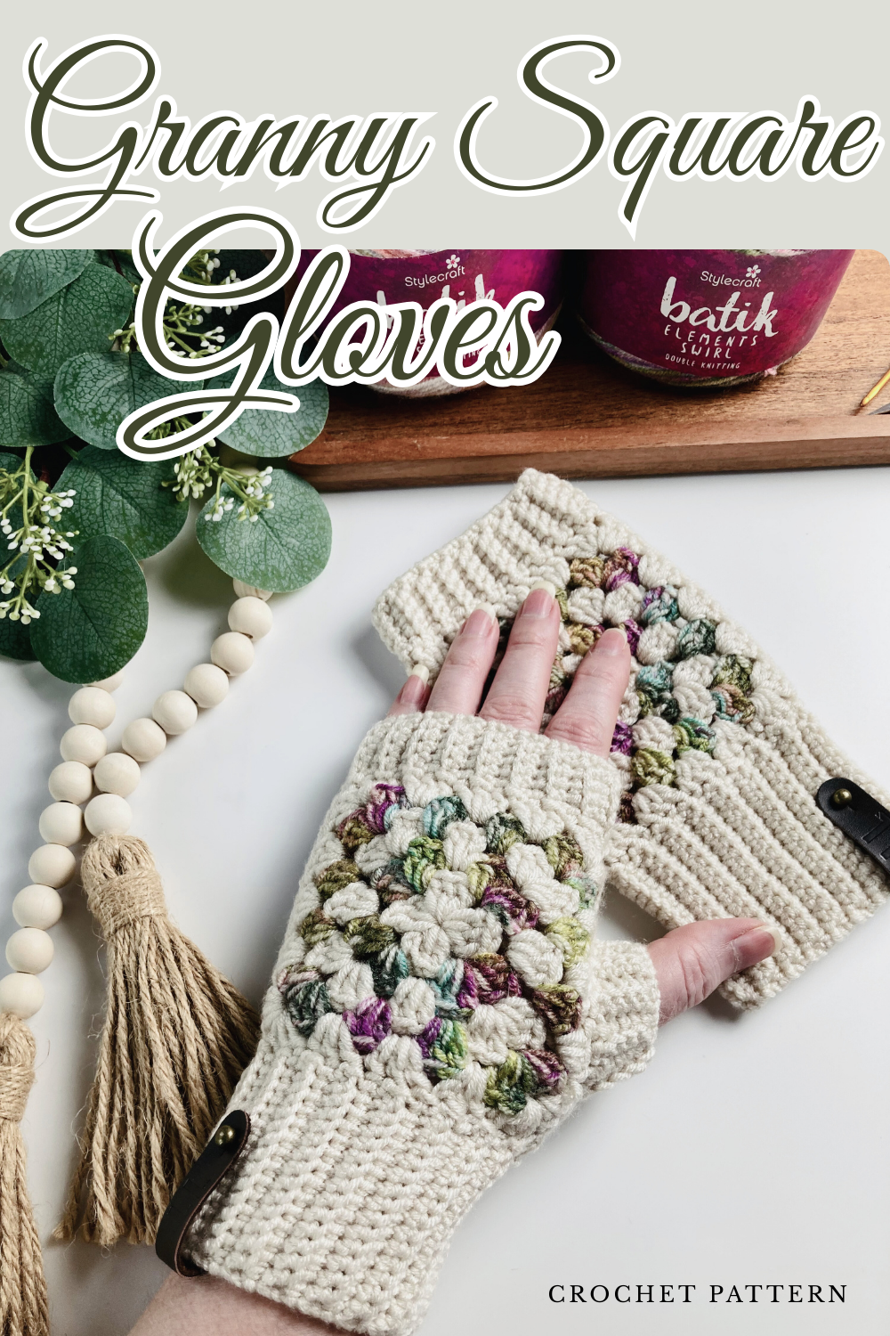 a pinterest pin showing beautiful crochet fingerless gloves made from granny squares